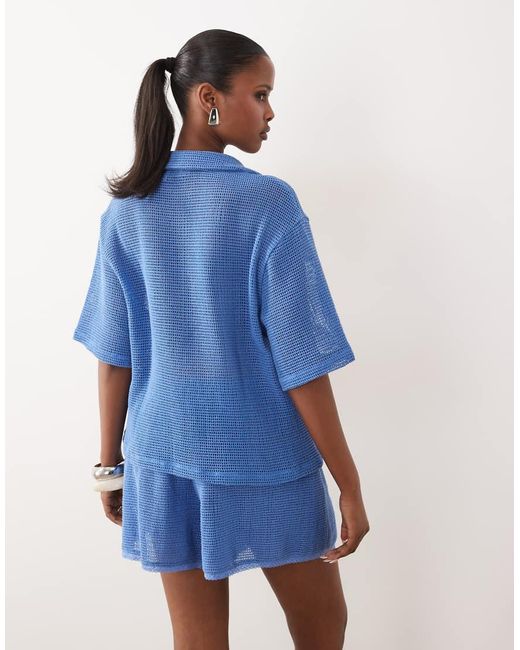 ASOS Blue Open Knit Revere Shirt Co-Ord With Cornelli Detail