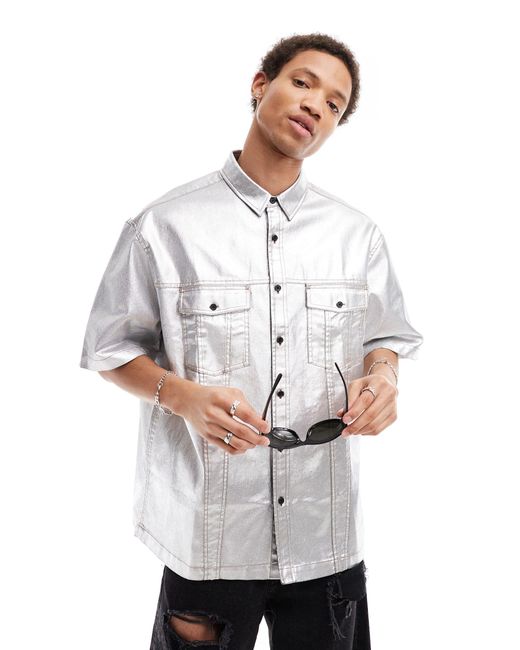 ASOS White Co-ord Boxy Oversized Foil Denim Shirt for men