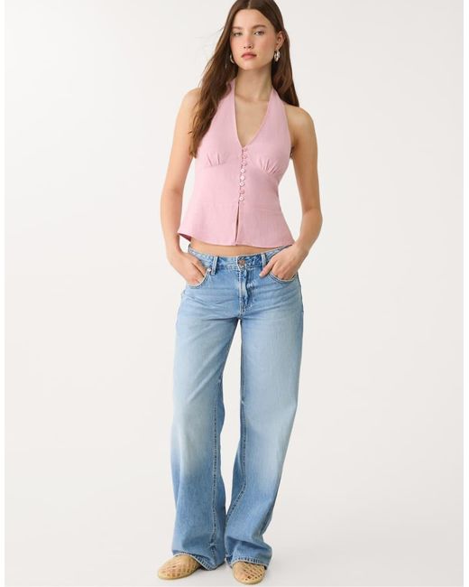 Stradivarius Pink Linen Blend Halter Top With Buttons