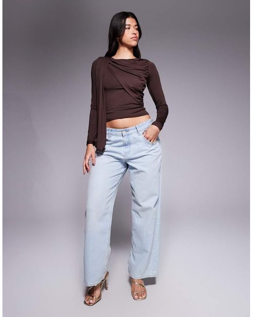 ASOS Brown Slinky Drape Detail Long Sleeve Top