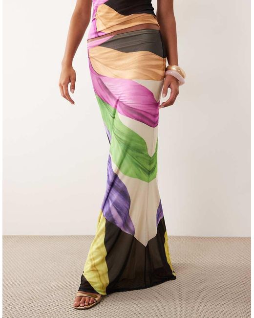 AFRM Multicolor Tegan Printed Mesh Frill Hem Maxi Skirt Co-Ord