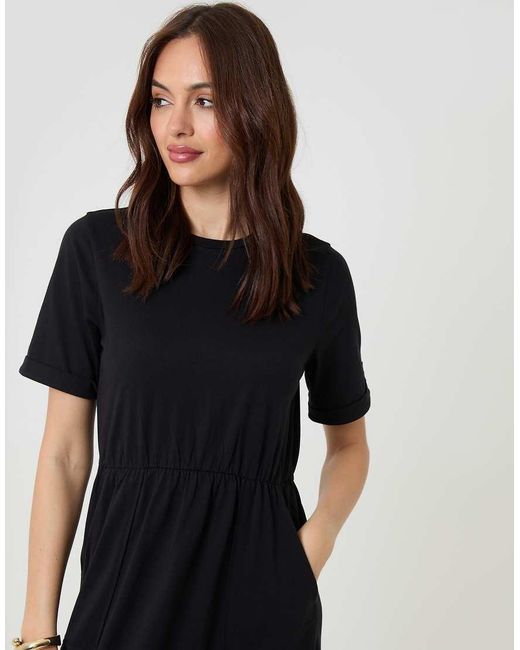 Threadbare Black Crew Neck Jersey Midi Dress With Patch Pockets