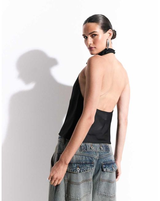 Kaiia Black Exclusive Satin High Neck Cowl Low Back Top