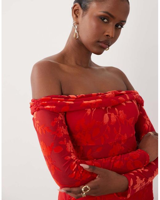 TFNC London Red Devoure Bardot Off Shoulder Long Sleeve Mini Dress