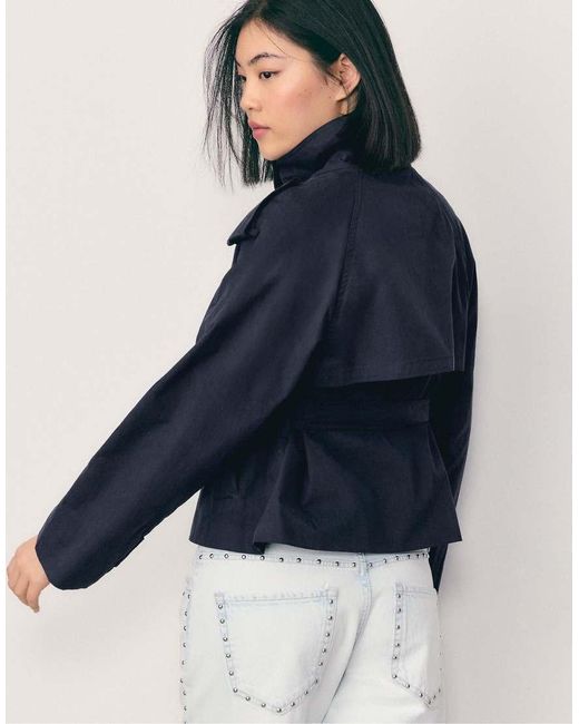Stradivarius Blue High Neck Trench Coat With Belt