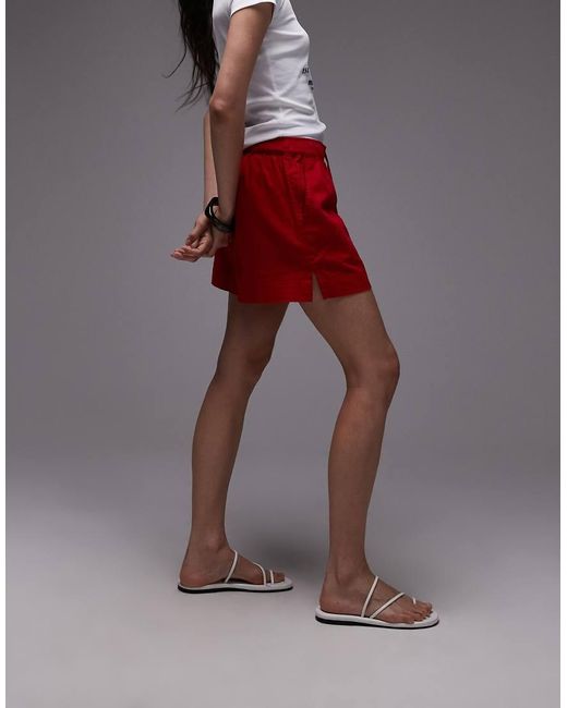 TOPSHOP Red High Rise Drawcord Linen Shorts