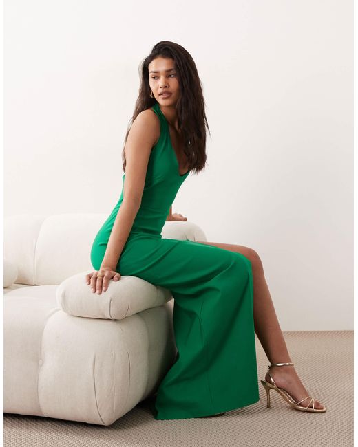vesper green dress Bengaline V Neck Halterneck Thigh Split Maxi in Prom dresses