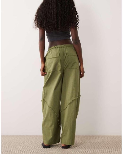 ASOS Green Linen Blend Pull On Barrel Leg Trousers With Raw Seam Detail