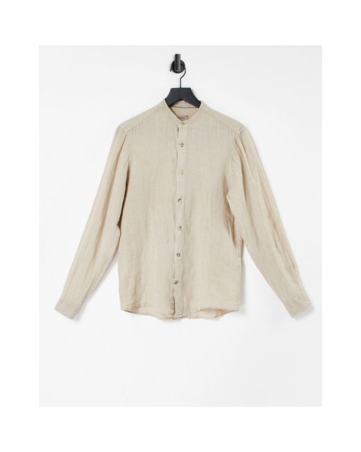 Pull&Bear Brown Linen Shirt With Grandad Collar for men