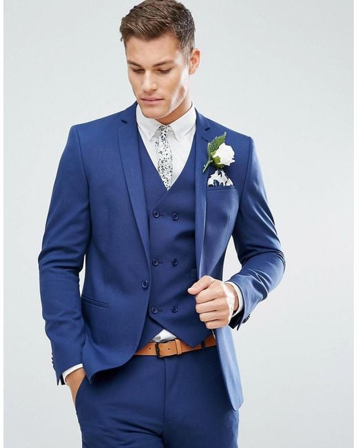 Lyst - Asos Wedding Skinny Suit Jacket In Blue Cross Hatch With Printed ...