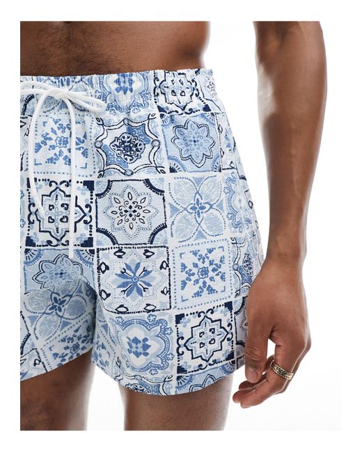 Abercrombie & Fitch Blue 5in Pull On Tile Print Seersucker Swim Shorts for men