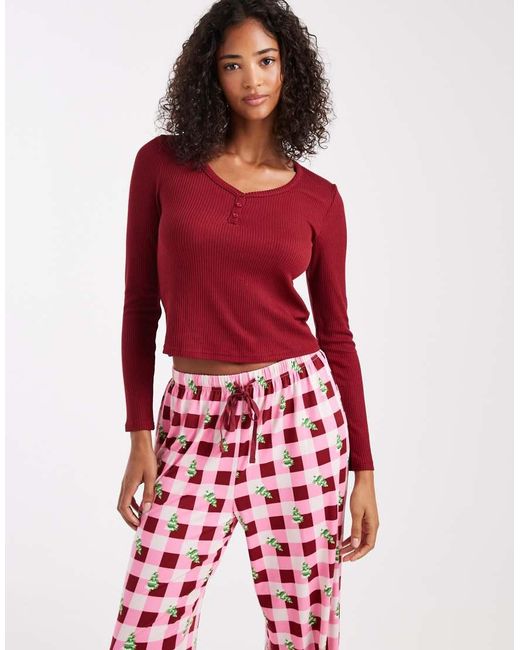 Loungeable Red Christmas Henley And Printed Trouser Pyjama Set