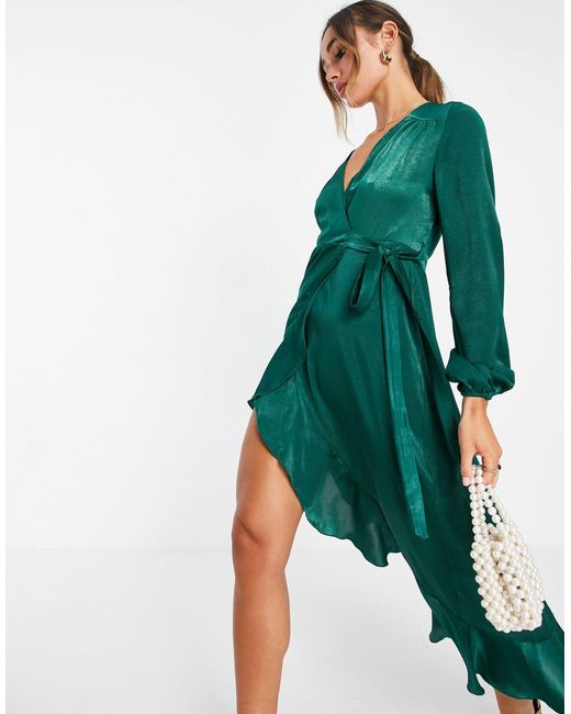 Long Sleeve Satin Wrap Maxi Dress 