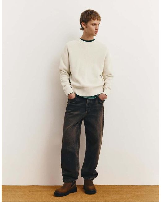 Pull&Bear Natural Structured Round Neck Sweater for men