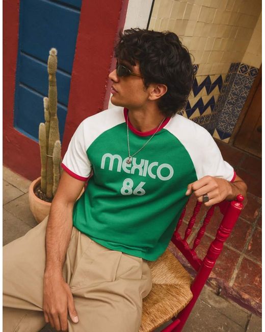 Bershka Green Slim Fit Raglan Mexico Print T-shirt for men