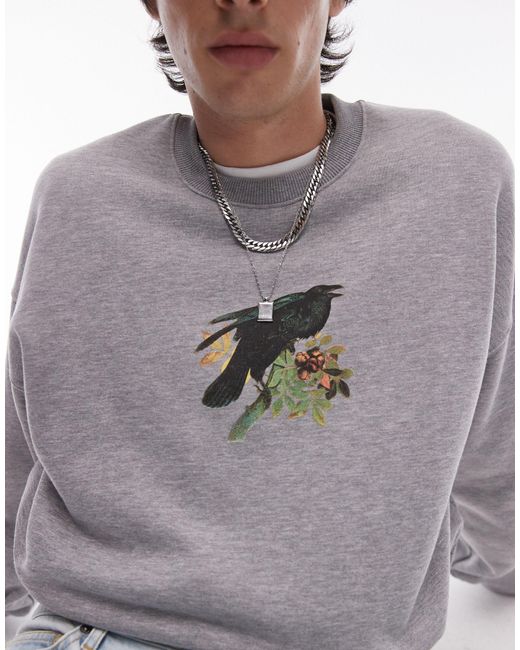 Topman Gray Oversized Fit Sweatshirt With Crow Print for men