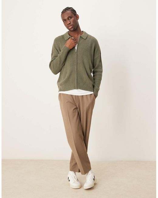 ASOS Green Oversized Ribbed Knitted Zip Through Cardigan With Collar for men