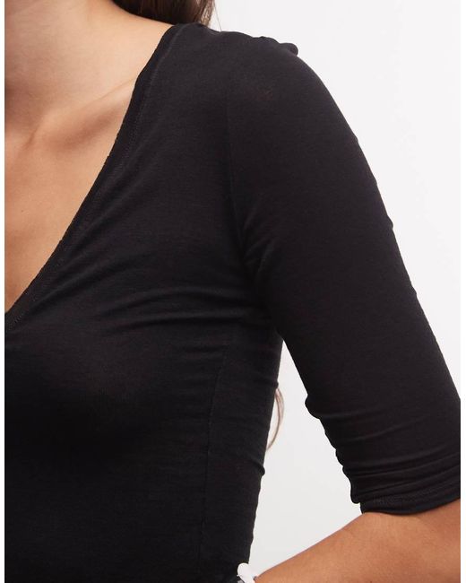 Weekday Black V Neck Top With 3/4 Length Sleeve