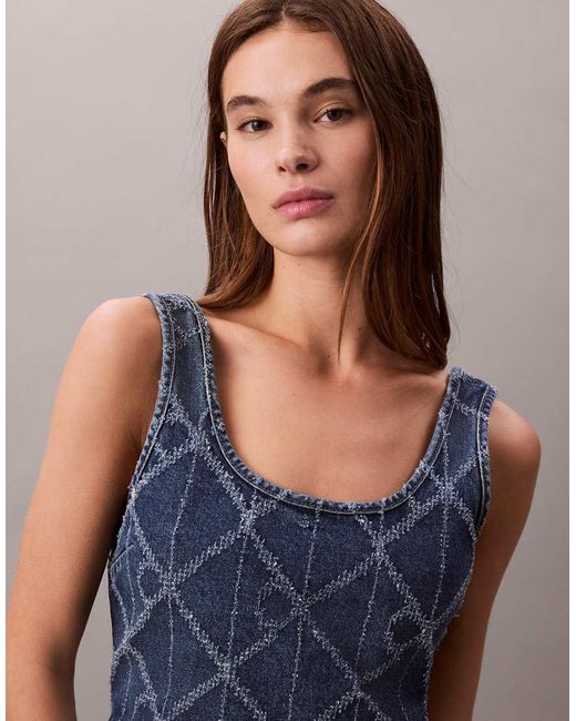 Calvin Klein Blue Laser Cut Repeat Logo Denim Bralette Top