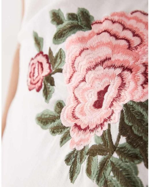 ASOS Pink Racer Neck Embroidered Detail Crochet Hem Maxi Dress