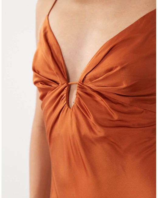 Mango Orange Satin Deep V Strappy Maxi Dress