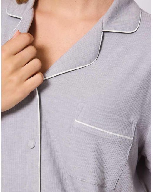 Loungeable White Rib Short Sleeve Traditional Shirt And Shorts
