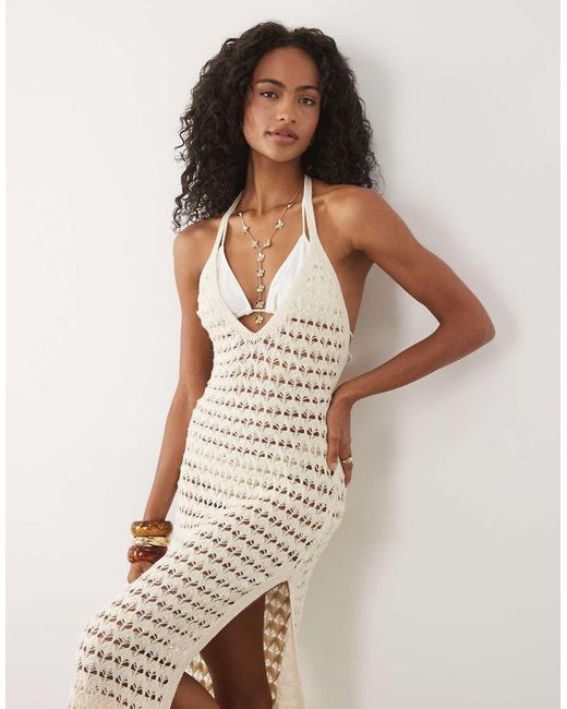 Miss Selfridge Natural Halter Crochet Maxi Dress