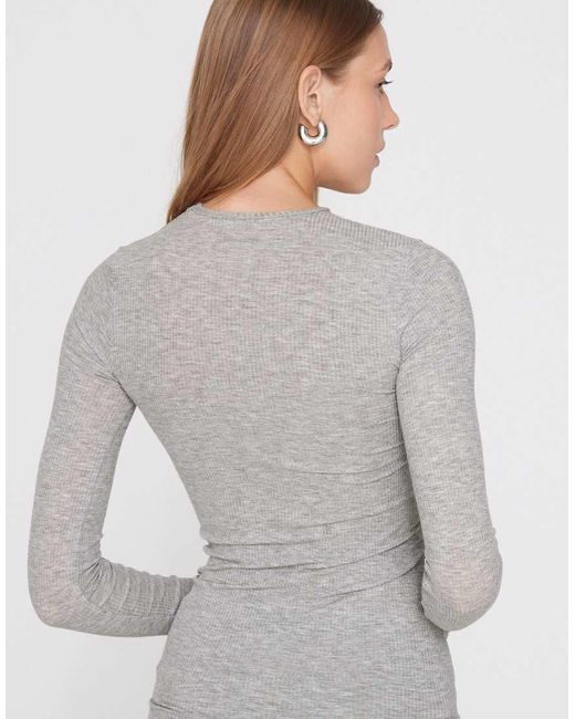 Tezenis Gray Long Sleeve Round Neck Ribbed Top