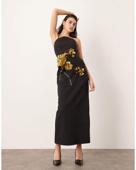 ASOS Black Sculptural Floral Embellished Bandeau Column Midi Dress
