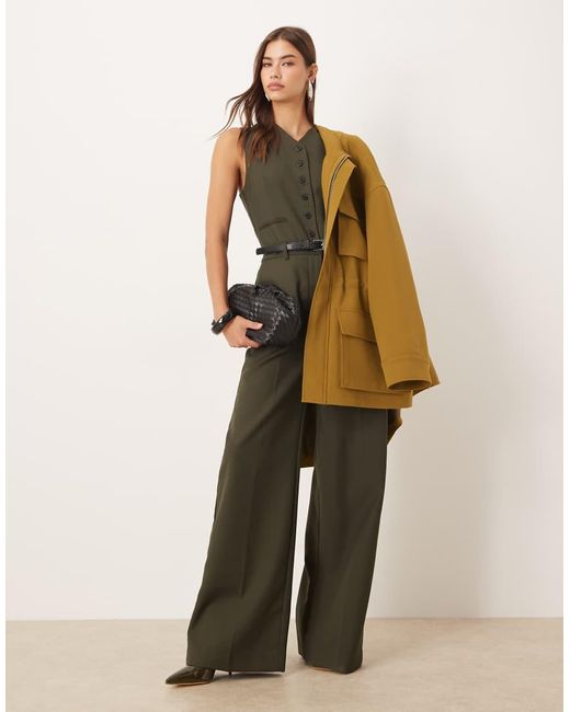 Mango Natural Wool Mix Tailored Belted Waistcoat Jumpsuit