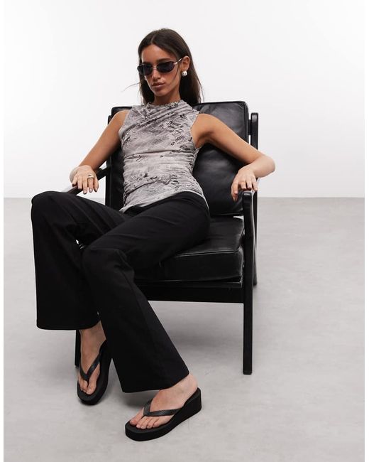 Weekday White Asymmetric Gathered Tank Top With Newspaper Print