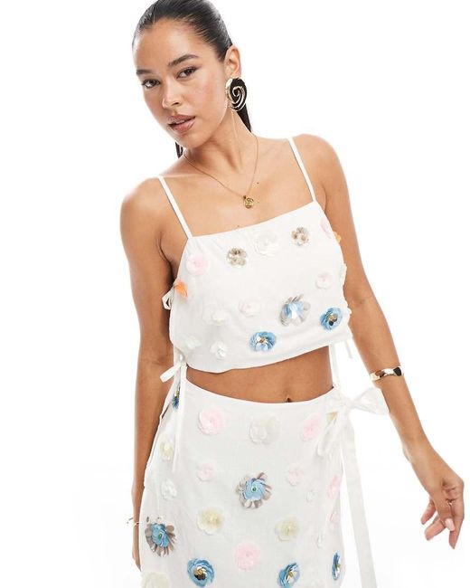 ASOS White Co-ord Linen Blend Floral Embellished Tie Side Top