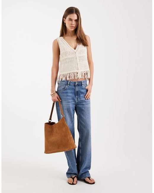 ONLY Blue Crochet Knit Waistcoat With Fringe