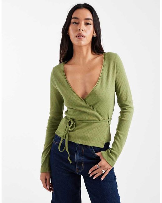 Miss Selfridge Green Pointelle Wrap Over Top