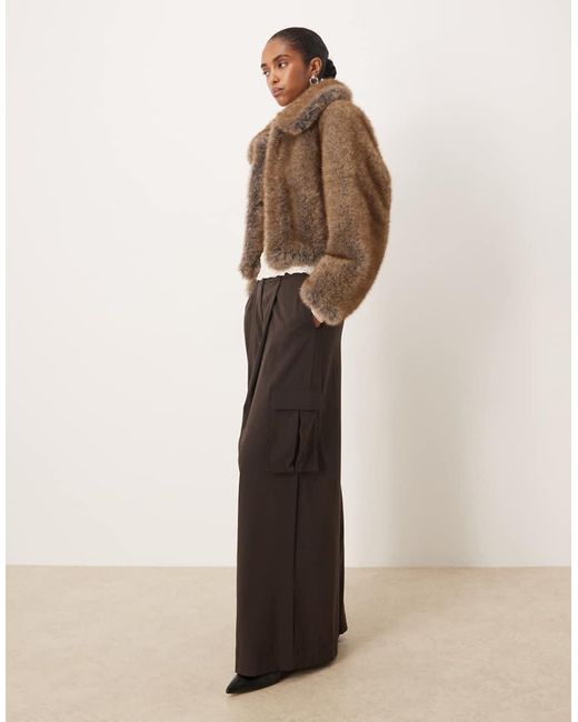 Mango Brown Faux Fur Cropped Jacket With Collar Detail