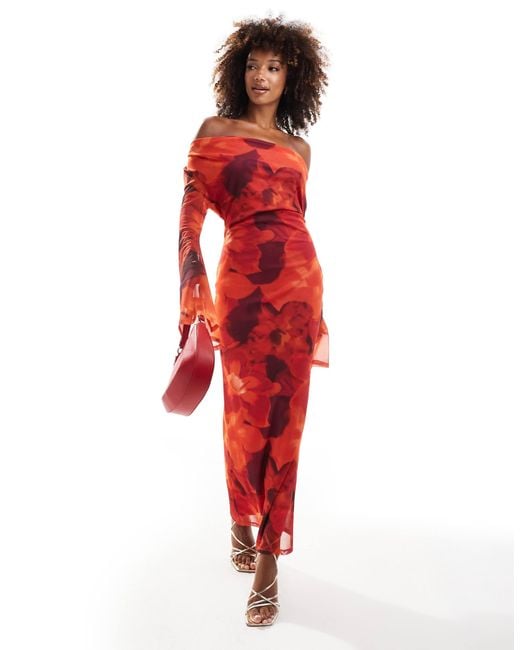 ASOS Red Cowl Front Mesh Maxi Dress With Flare Sleeve