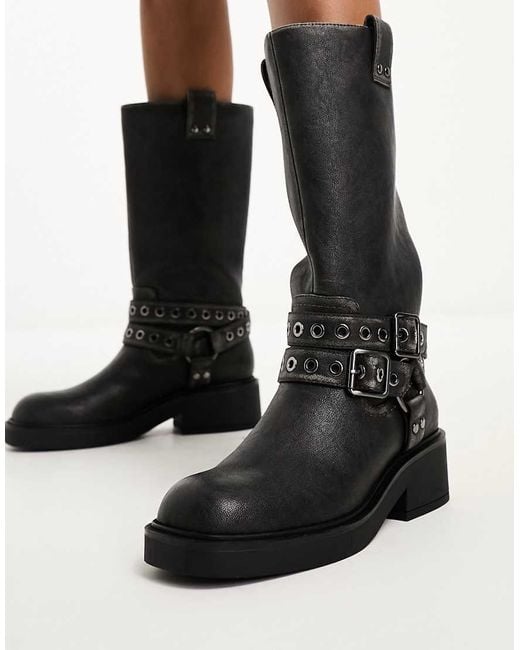Bershka Black Buckle Detail Calf Length Boots