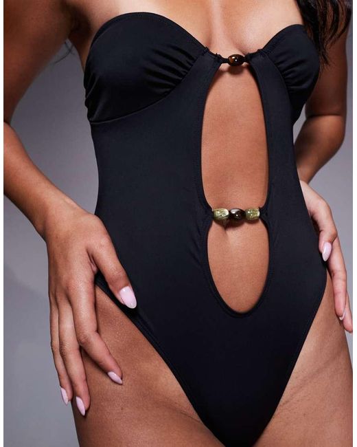 ASOS Black Tara Bandeau Swimsuit With Beading Detail Hardware