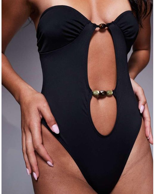 ASOS Black Tara Bandeau Swimsuit With Beading Detail Hardware