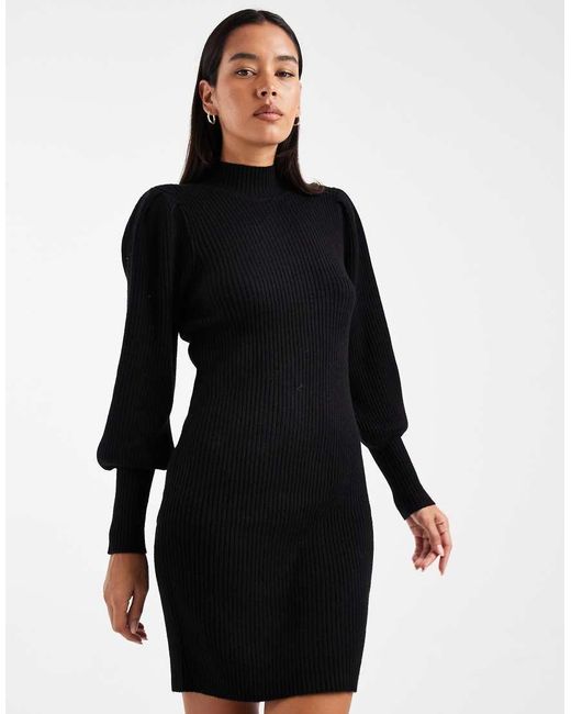 Vestido Corto Estilo Jersey Con Cuello Alto Y Mangas Abullonadas De ONLY de color Black