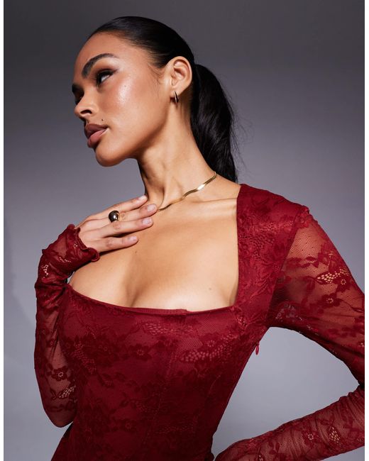 Murci Square Neck Long Sleeve Gathered Ruffle Hem Lace Mini Dress