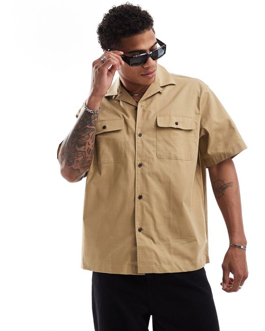 SELECTED Natural Boxy Oversized Camp Collar Shirt With Double Pockets for men