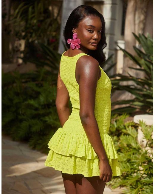 South Beach Yellow Broderie Ruffle Mini Beach Dress