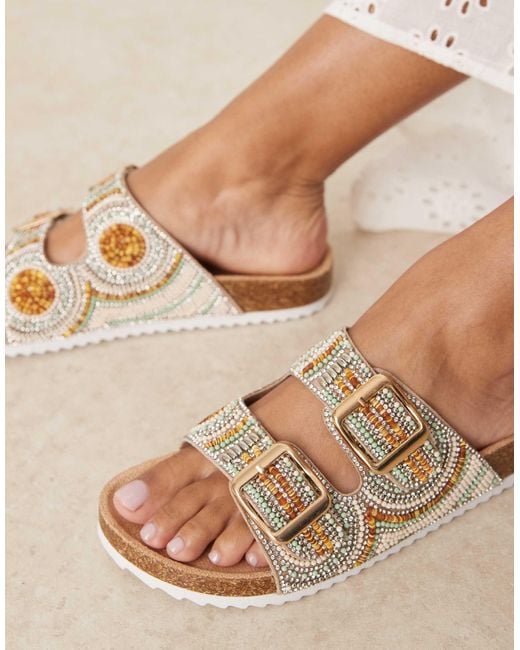 Asos Design Wide Fit Natural Funky Beaded Double Strap Flat Mules