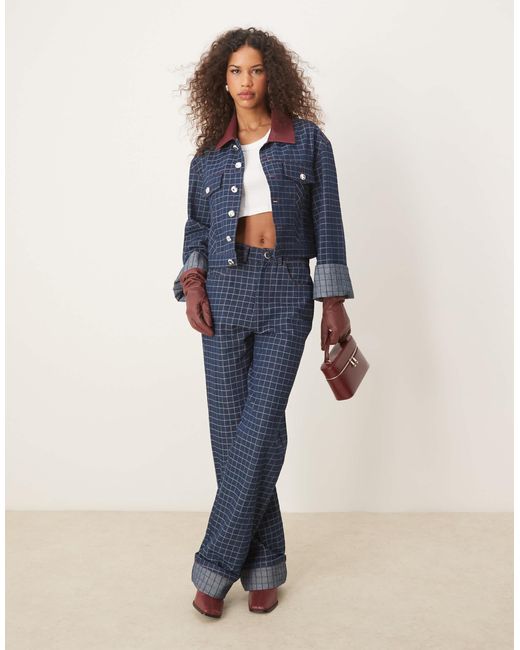Veste en jean d'ensemble avec col en pu contrastant - à carreaux Ghospell en coloris Blue