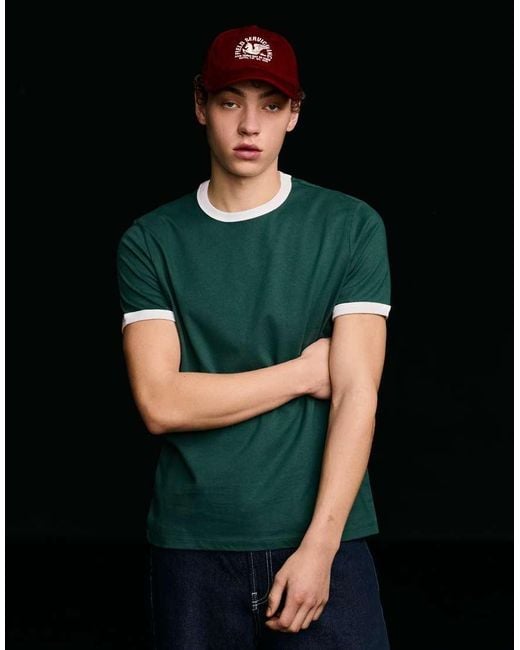 Bershka Green Short Sleeve Contrast Rib T-shirt for men