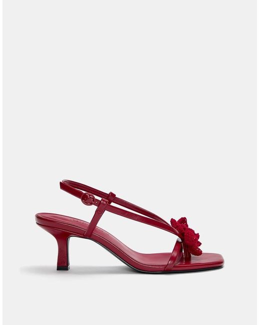 Pull&Bear Red Heeled Sandals With Crochet Flower