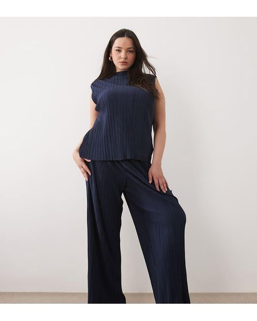 Vila Curve Blue Plisse Wide Leg Trouser Co-ord
