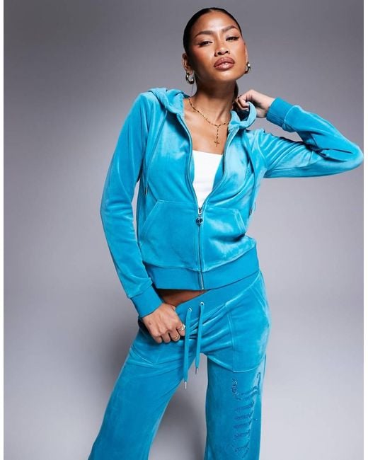 Juicy Couture Blue Velour Tonal Jewel Zip Through Hoodie Co-Ord
