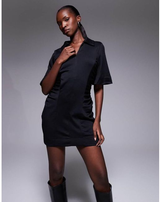 ASOS Blue Ruched Zip Up Detail Mini Dress